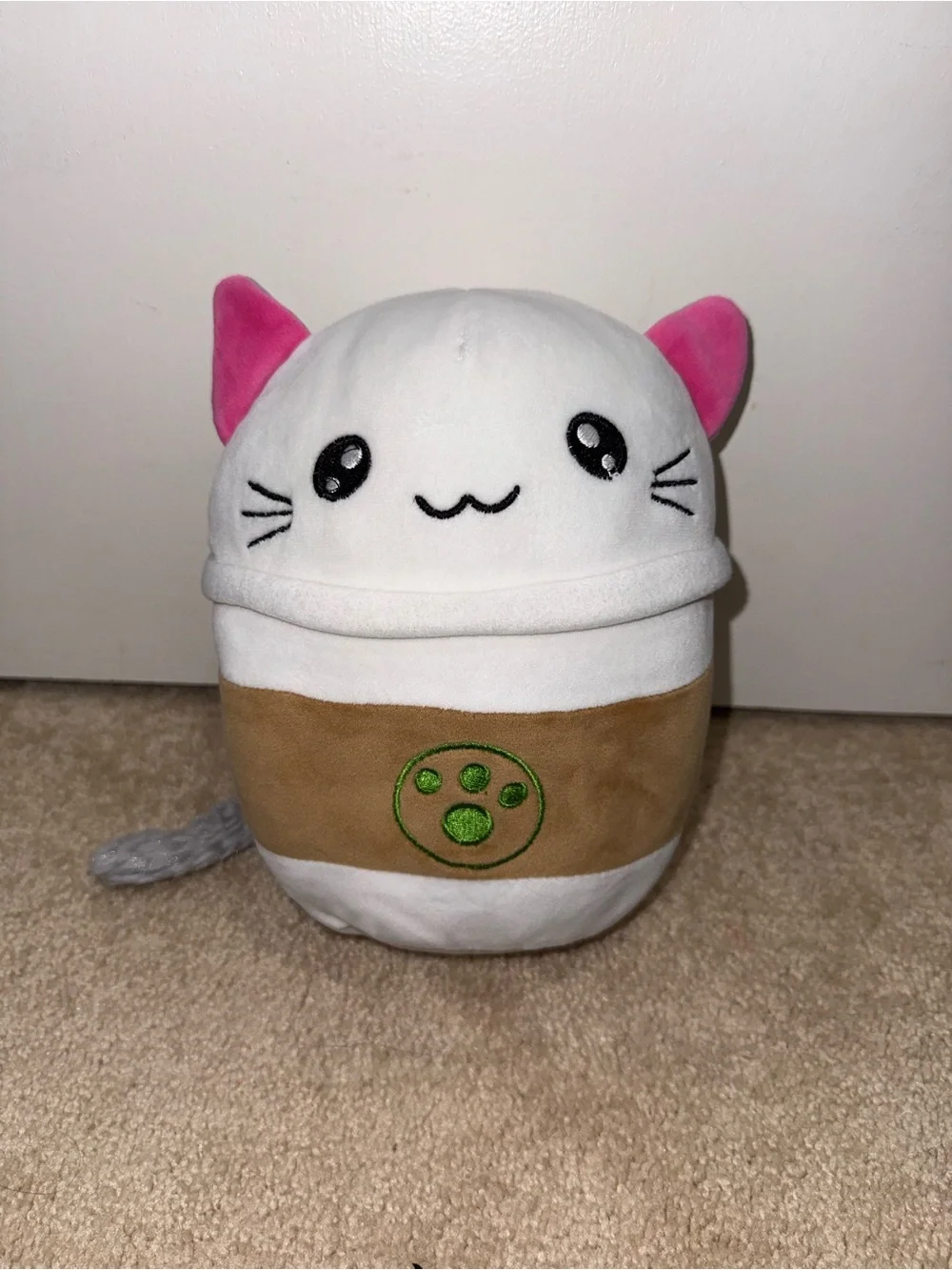 White and Pink Plush Cat Stuffed Animal with Tan Band